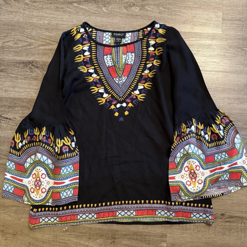 Ashro Tribal Boho Top Flared Sleeve Colorful Print Large